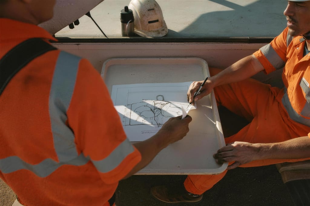Two workers in high vis marking up a drawing on the tray of a ute