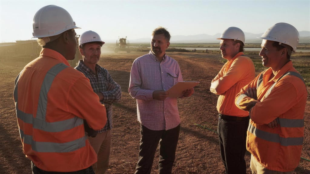 Five workers standing in a circle at a pre start meeting, one holding a folder