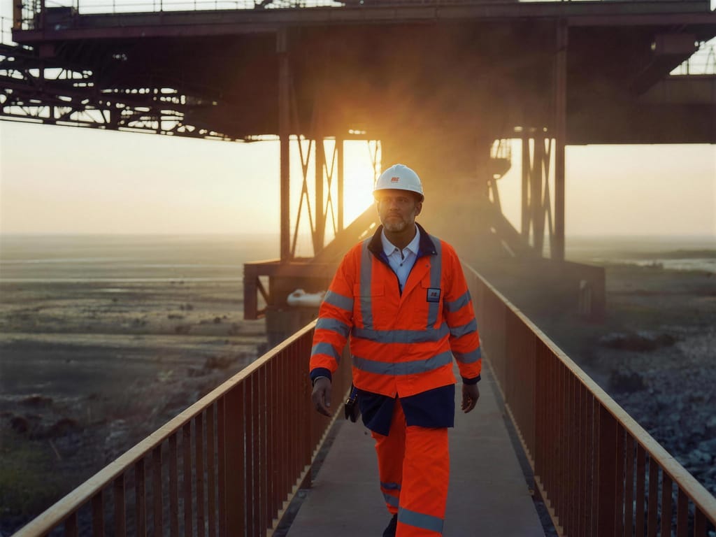 A worker in high vis walking a steel walkway under a conveyor at sunrise