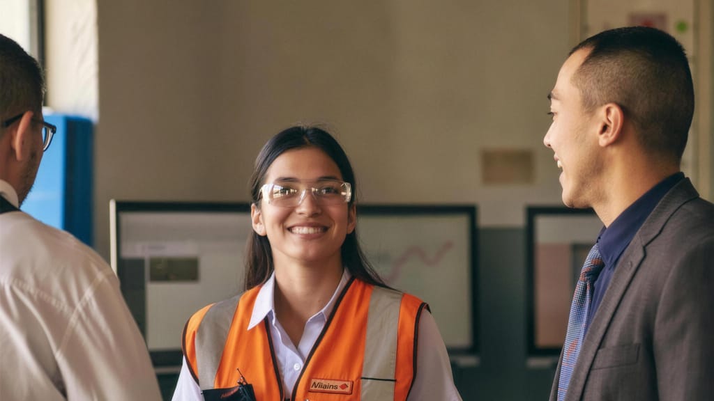 An apprentice in high vis talking with two colleagues in a plant control room