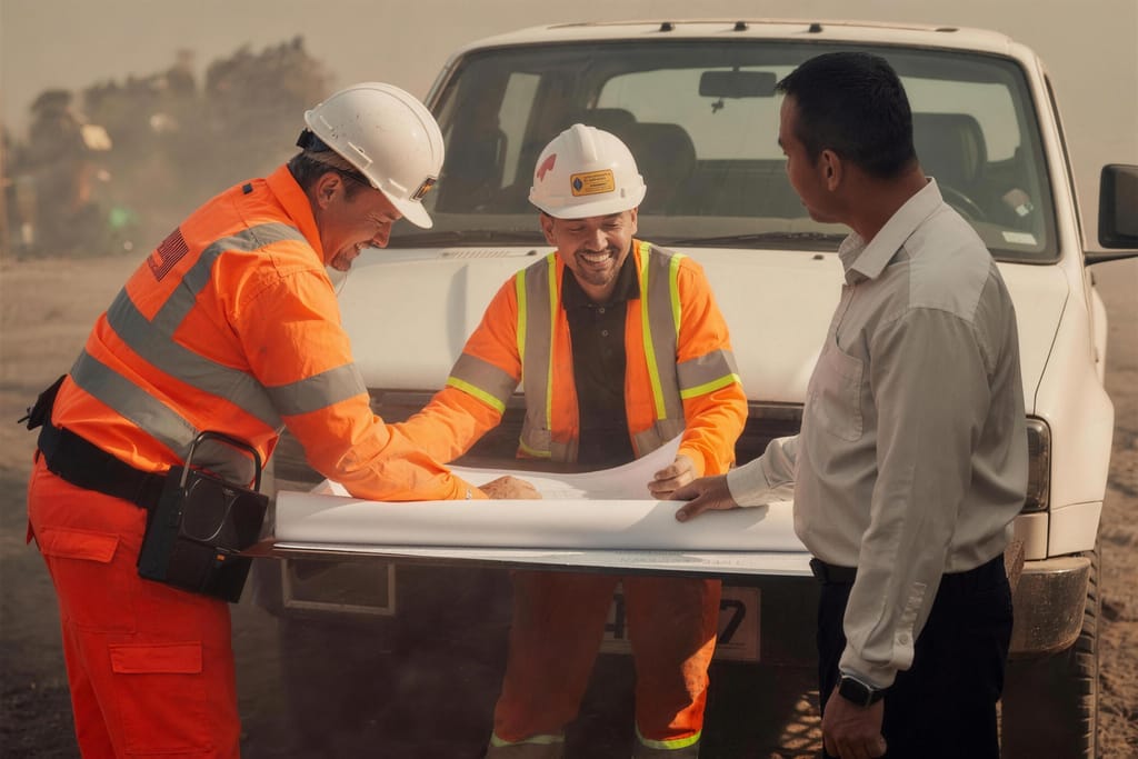 Three people looking over a drawing spread across the tray of a white ute, dust in the air