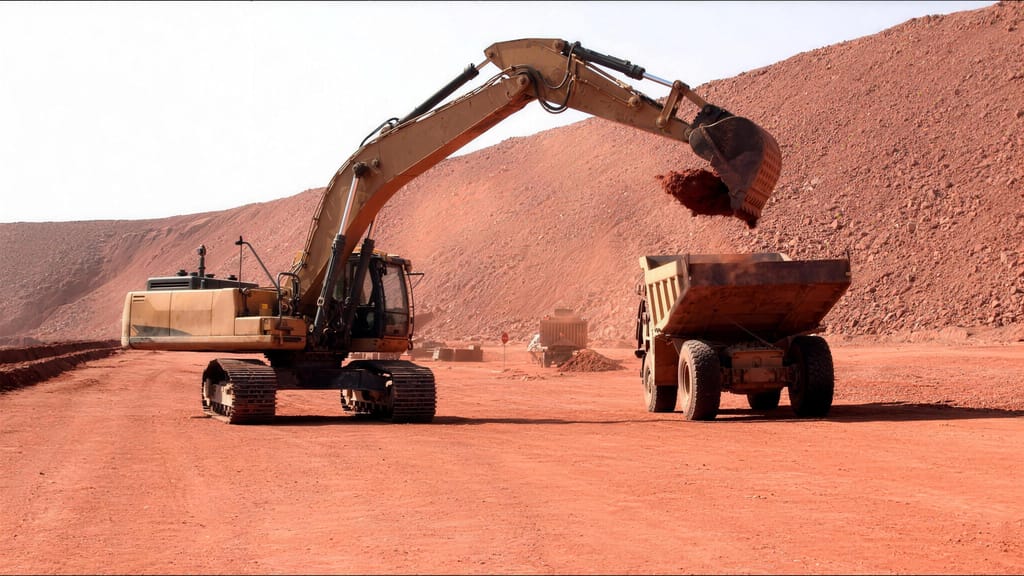 An excavator tipping a bucket of red ore into a rigid dump truck on a mine bench