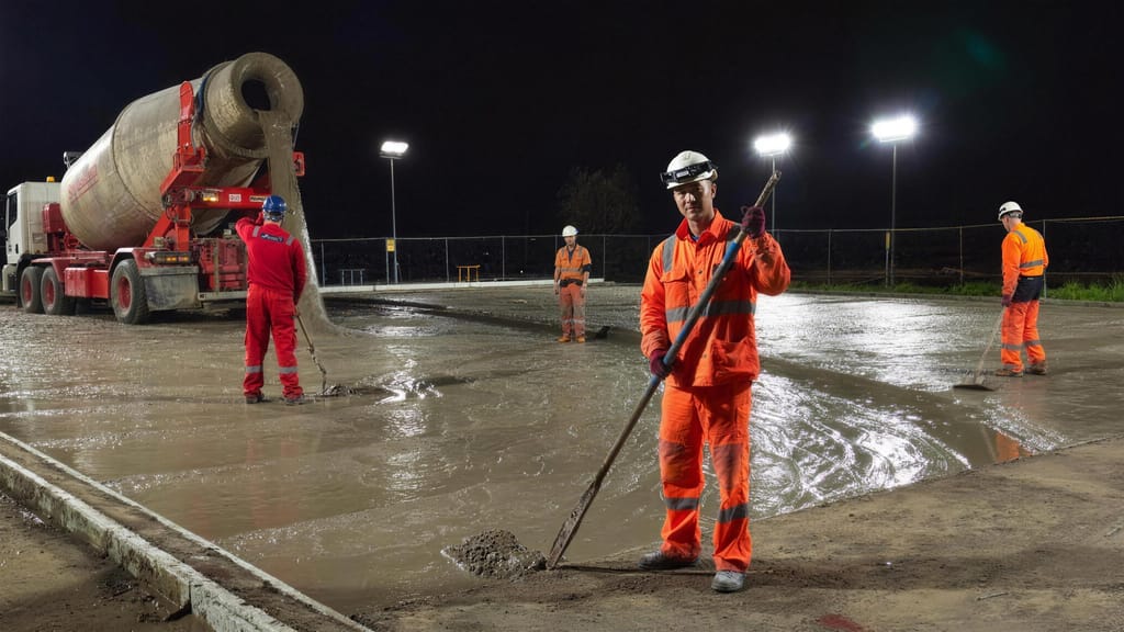 A crew screeding wet concrete under floodlights at night, an agitator truck discharging behind