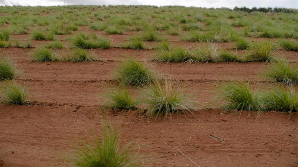 Rows of spinifex tussocks growing on reshaped red ground