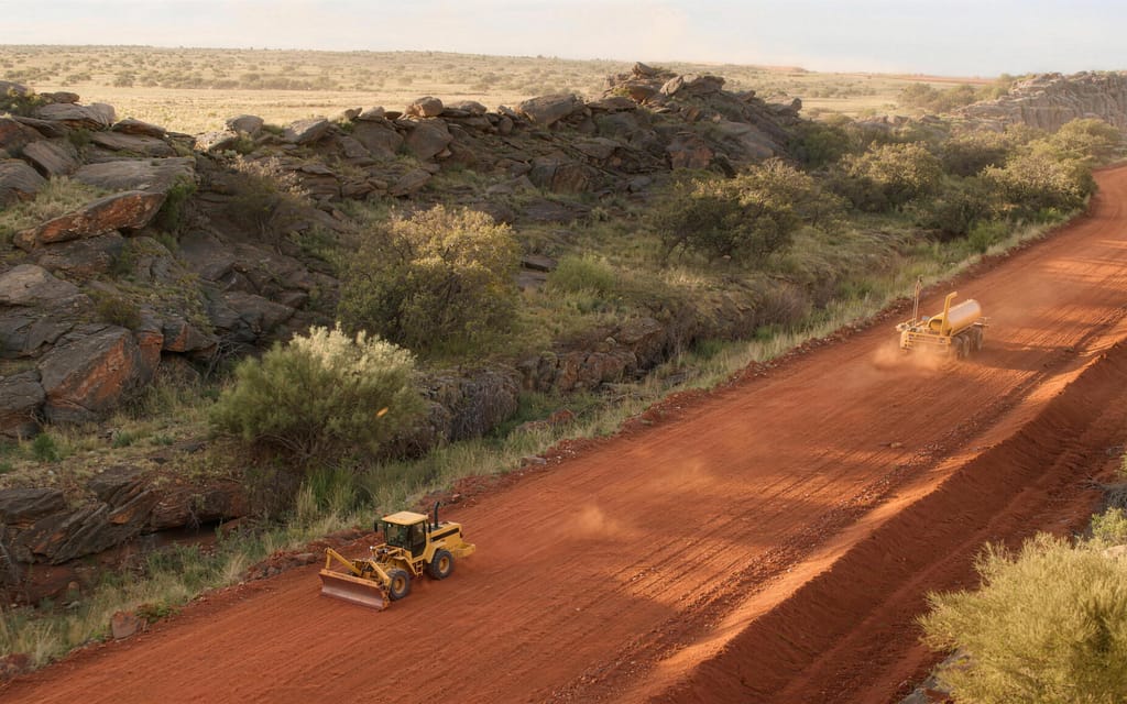 A grader working a wide red haul road cut through rocky country, a water cart further along